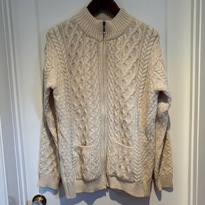 Aran Sweater Market 100% Merino Wool cable knit zip up cardigan sweater